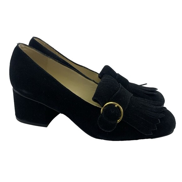 Marc Fisher Mabel Loafer Black Kiltie Black Suede Buckle Slip On Heel Womens 8.5 - Picture 1 of 12